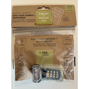 TWIST+SHINE450H, EDC Clip Lampe mit Stirnband, black as night+glowy, 450 Lumen, inkl. Ladekabel USB A/C-C